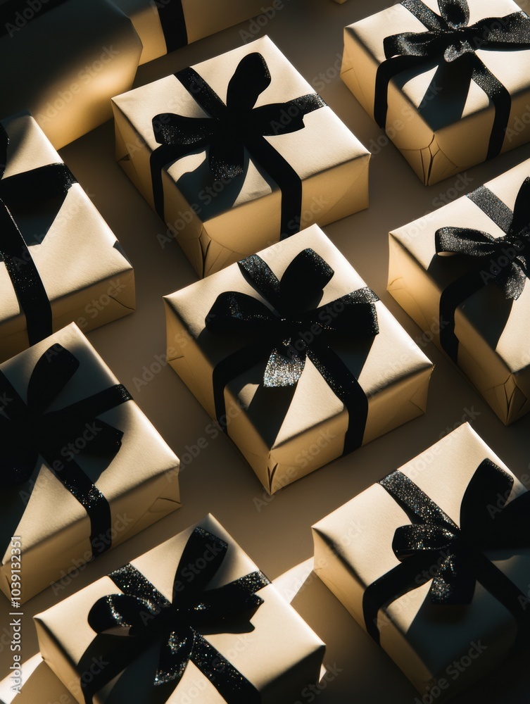 Poster silhouetted gift boxes with ribbons are neatly arranged, creating a stylish arrangement perfect for 