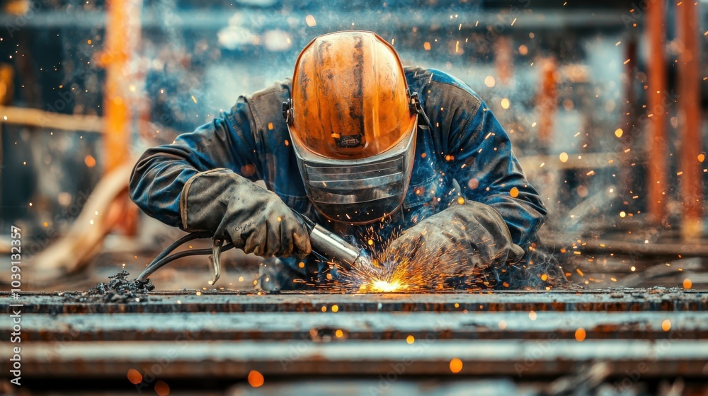 Poster a welder in protective gear and helmet, adjusting the welding torch with visible welding sparks and 
