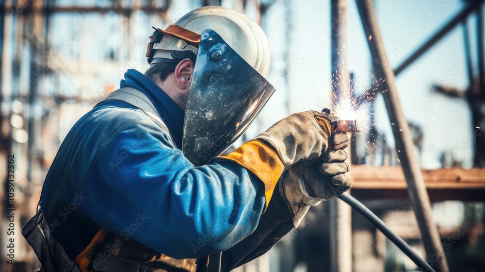 Poster a welder in protective gear and helmet, adjusting the welding torch with visible welding sparks and 