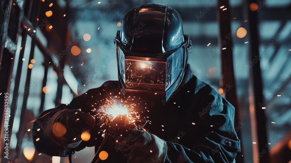 Aufkleber a welder in protective gear and helmet, holding a welding helmet and standing in front of a steel fr