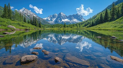 Obraz premium Serene mountain landscape reflecting in a calm lake.