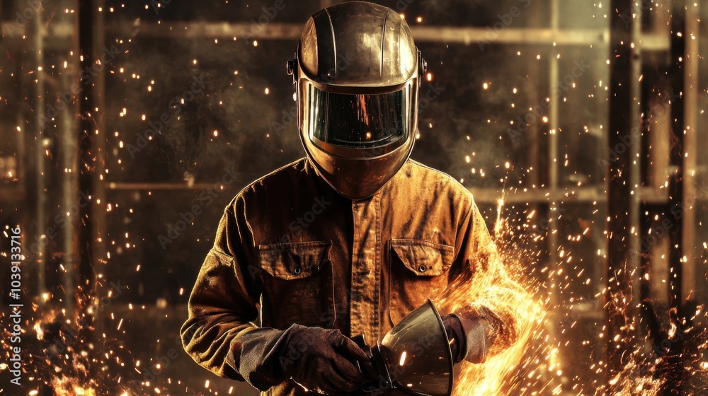 Poster a welder in protective gear and helmet, holding a welding mask and standing in front of a metal stru