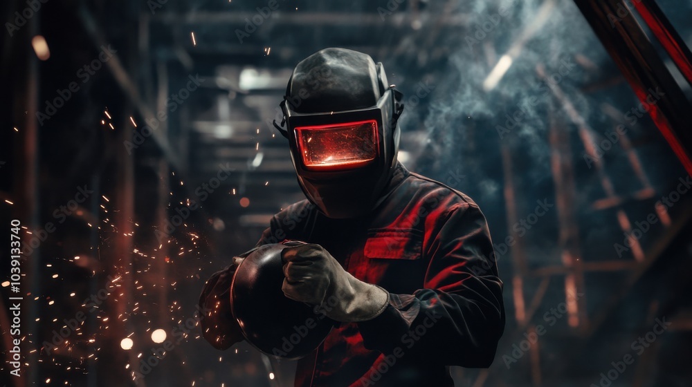 Poster a welder in protective gear and helmet, holding a welding mask and standing in front of a metal stru
