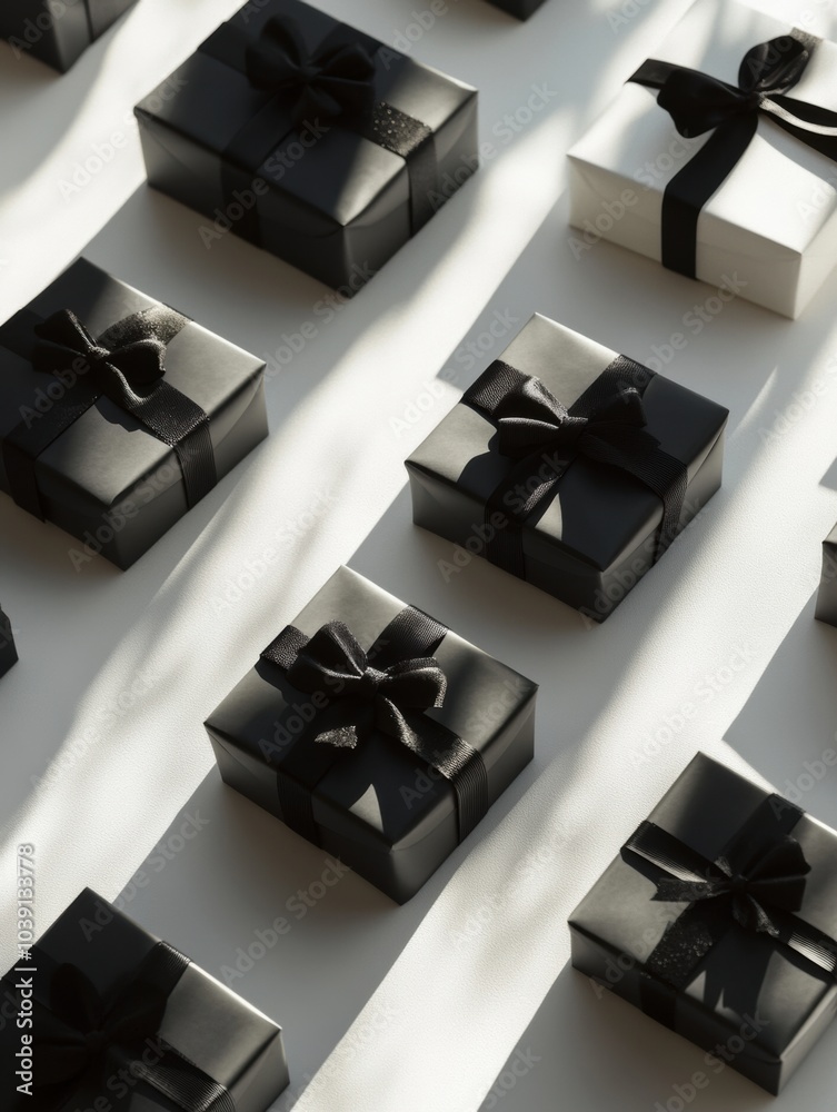 Poster Silhouettes of neatly arranged gift boxes adorned with bows create a stylish, inviting display ideal for festive occasions. Generative AI