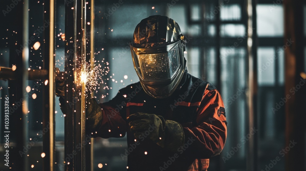 Poster a welder in protective gear and helmet, holding a welding mask and standing in front of a metal stru
