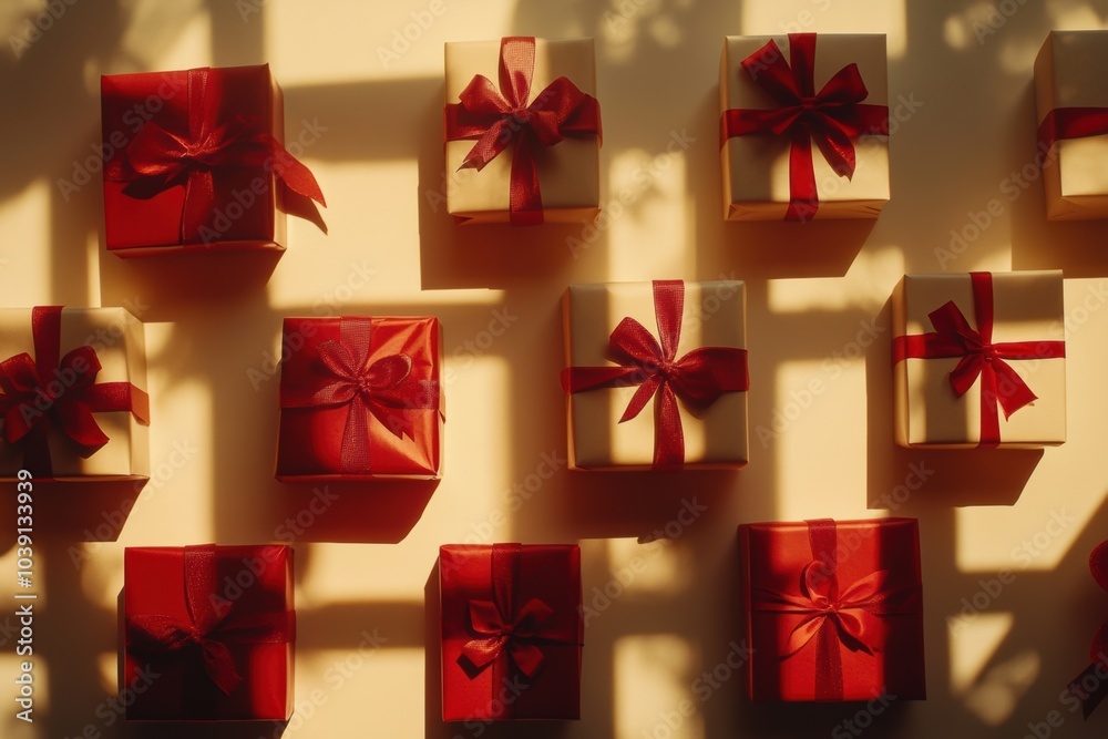 Poster Silhouettes of diverse gift boxes and bows are arranged artfully on a light background, creating a festive and inviting atmosphere. Generative AI