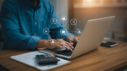 Person using a laptop with digital icons and graphics overlay, suggesting online networking or tech concept.