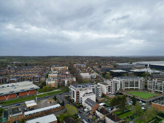 high Angle View of Buildings at Central Borehamwood London City of England United Kingdom. April 4th, 2024, Aerial View Was Captured with Drone's Camera From High altitude During Cloudy and Windy Day.