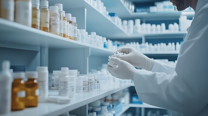 Pharmacist with gloves checking and organizing medicine bottles on pharmacy shelves, maintaining medical inventory.