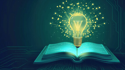 Open book with a lightbulb. knowledge, creativity. Glowing lightbulb emerging from open book