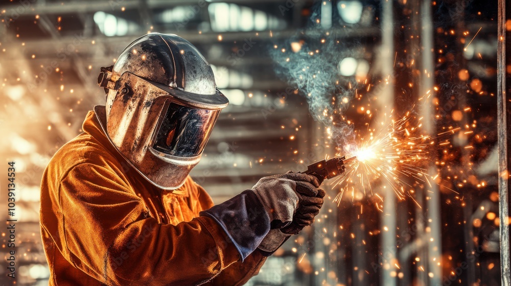 Poster a welder in protective gear and helmet, holding a welding mask and standing in front of a steel fram