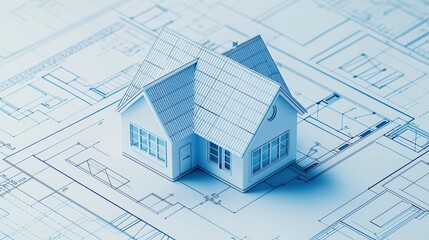 3D house model on architectural blueprints, showcasing modern design and creativity, ideal for construction projects.