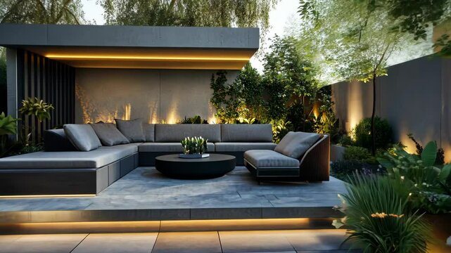 A modern outdoor patio with a large sectional sofa and a coffee table is illuminated by warm lights in the evening