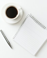 Coffee cup with notebook and pen on white background