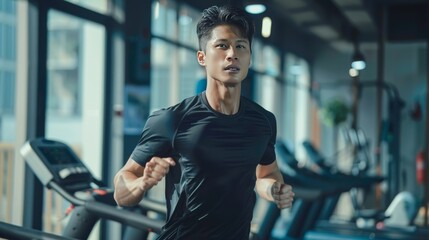 Young Asian Man Running on Treadmill - Fitness Gym Exercise 