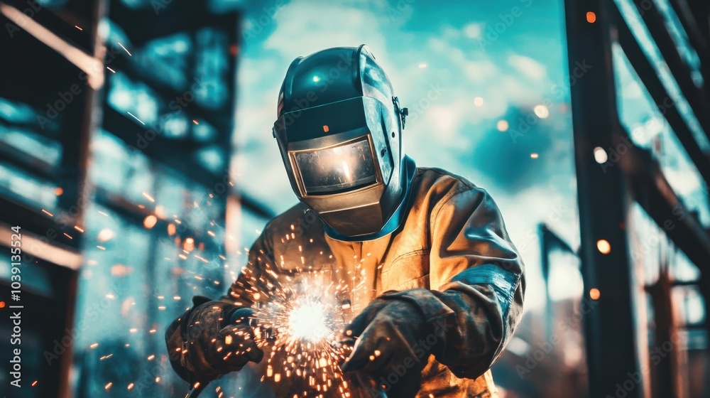 Poster a welder in protective gear and helmet, holding a welding torch and standing in front of a metal fra