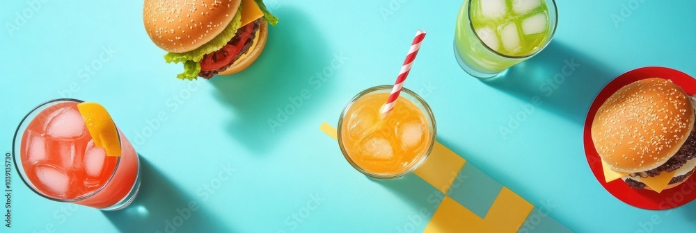 Poster a lively arrangement of refreshing drinks and appetizing burgers creates a cheerful atmosphere perfe