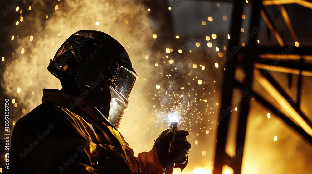 Aufkleber a welder in protective gear and helmet, holding a welding torch and standing in front of a metal fra