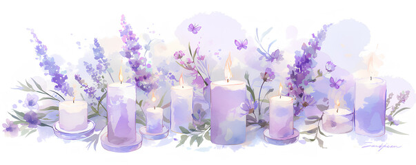 Watercolor lavender candles surrounded by soft greenery