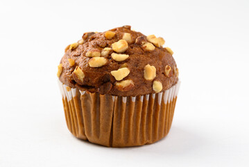 Chocolate almond muffin on white background