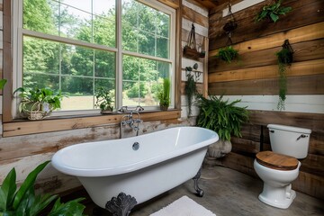 Fototapeta premium A bright and inviting bathroom featuring a vintage bathtub, wooden walls, and greenery, creating a serene and natural atmosphere.