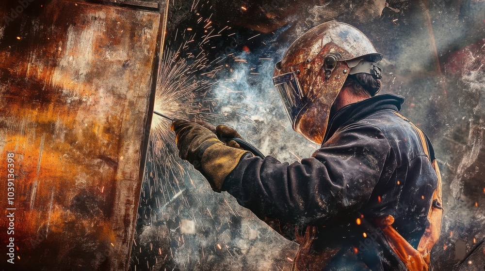 Poster a welder in protective gear and helmet, holding a welding torch and standing in front of a steel bea