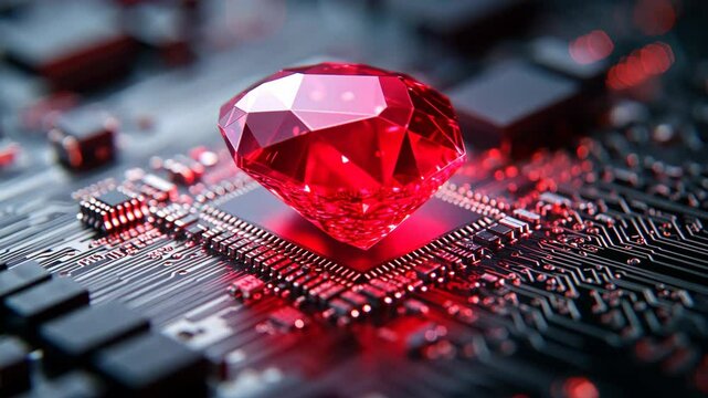 A large red ruby sits on top of a computer chip, symbolizing the value of technology