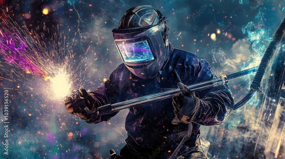 Poster a welder in protective gear and helmet, holding a welding torch and standing in front of a steel bea