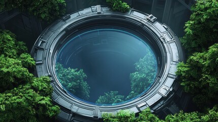 Futuristic circular portal surrounded by lush greenery, showcasing the harmony between technology and nature.