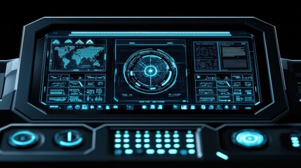 Futuristic control panel interface with glowing elements, digital display for advanced technology use.
