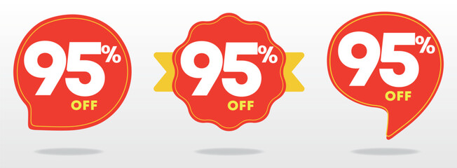 95% off. Special offer marketing, tag, sticker, ads, social media. Promo poster, percentage, value, price. Red, yellow sign. Shop, sales, retail, store. Set, vector, icon