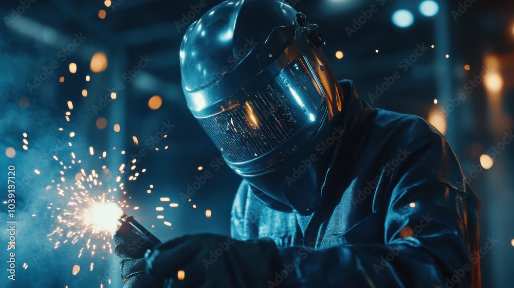 Poster a welder in protective gear and helmet, holding a welding torch and standing in front of a steel fra