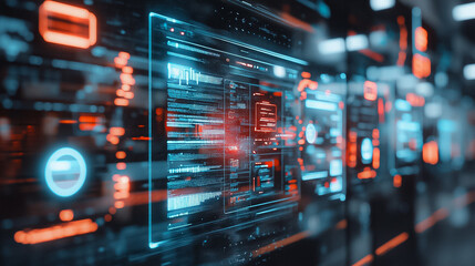 Obraz premium A computer screen with a lot of red and blue lights