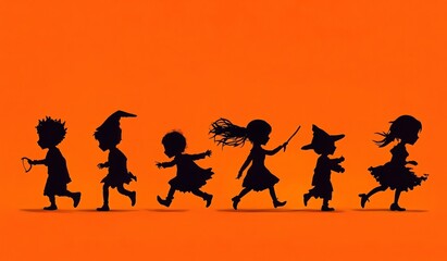 Fototapeta premium Childhood Imagination: Silhouette Play of Little Witches with Diverse Characters on Orange Background