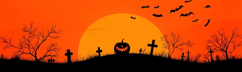 Halloween Night in Spooky Graveyard - Flat Vector Illustration of Jack o Lantern, Bats, Cemetery, Trees, and Crosses on Orange and Black Background - High Resolution Flat Design Art