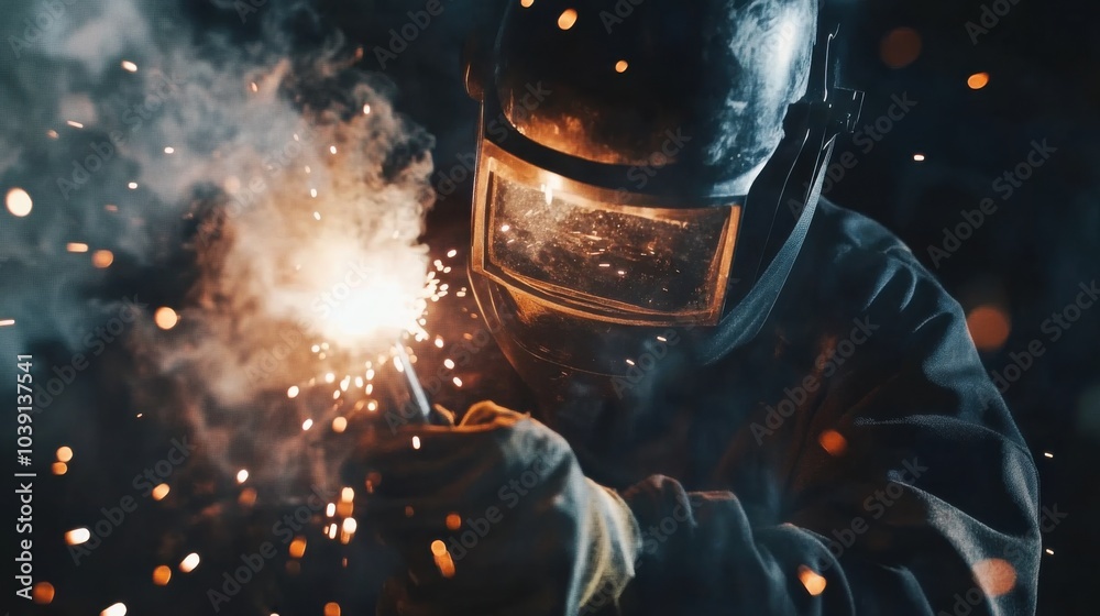 Poster a welder in protective gear and helmet, holding a welding torch and standing in front of a steel str