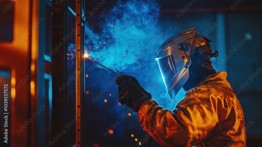 Poster a welder in protective gear and helmet, holding a welding torch and standing in front of a steel str