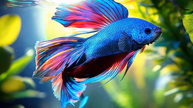 A vibrant betta fish swimming gracefully in a colorful underwater environment.