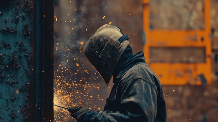 A welder in protective gear and helmet, holding a welding torch and standing in front of a steel structure with visible welds and sparks, Construction site scene