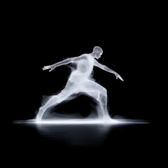 Obraz premium Ethereal Water Elemental Dancing Gracefully Against Black Background, Leaving Sparkling Droplets in the Air. Captivating Fluidity and Elegance with Shimmering Light and Reflective Floor.