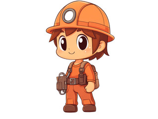 Fototapeta premium A cartoon illustration of a young boy wearing a hard hat and work clothes. He is smiling and looks happy and ready for work.