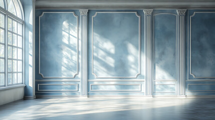 A spacious room with large windows and elegant wall moldings. The sunlight streams through the windows, casting shadows on the blue walls.