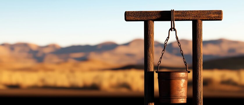 Rustic well with wooden frame and bucket against a backdrop of rolling hills and golden grass.