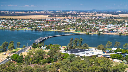 Fototapeta premium Overlooking the Mulwala RSL and the bridge over Lake Mulwala with Yarrawonga beyond
