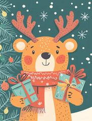Naklejka premium Cute bear with deer antlers and a scarf, holding Christmas presents, vector illustration in a flat, cartoon style design