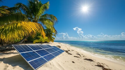 Solar panels on a tropical island with palm trees and clear skies, harnessing renewable energy from the sun in a serene coastal environment.