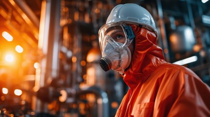Fototapeta premium Worker in protective gear in an industrial setting, emphasizing safety and professionalism.