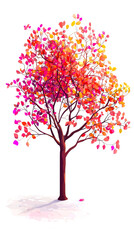 Obraz premium A colorful tree with red, orange, and pink leaves on a white background.