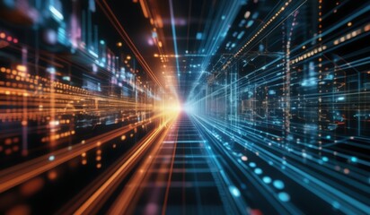 a close up of a tunnel with many lights and lines abstract art representing data