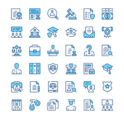 Legal system icons. Outline symbols. Vector blue line icons set